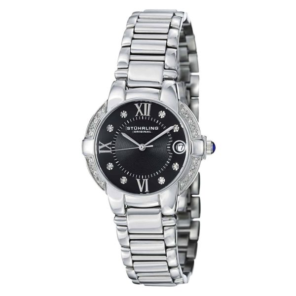 ectq11121_l833_0 jpg - Relógio Condessa Elite 338L 33mm com mostrador preto e pulseira de aço inox prateado, da marca Stuhrling.