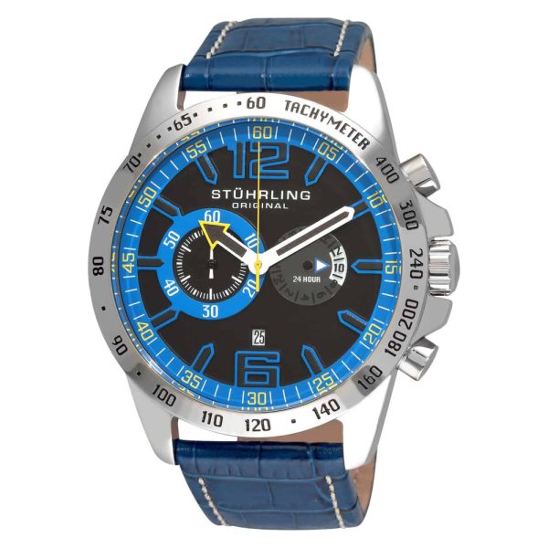 ectq18c5133_b012_0 jpg - Relógio de pulso masculino Concorso Laureate 210B com cronógrafo de 48 mm, mostrador preto e pulseira de couro azul, Stuhrling.