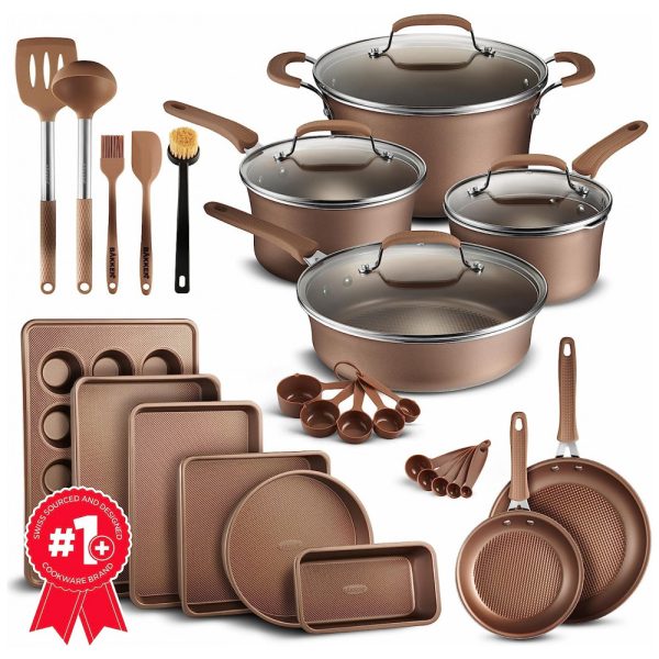 ectq1pgg1smb0b_0 jpg - Conjunto de Panelas e Frigideiras Antiaderentes em Alumínio com Utensílios, 23 Peças, BAKKEN Swiss, Bronze