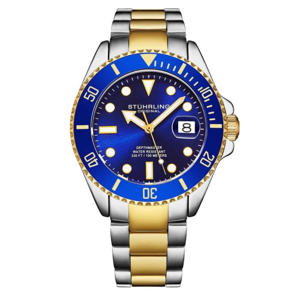 ectq1_5504_0 jpg - Relógio de mergulho suíço Depthmaster 40mm com pulseira de aço inoxidável prateada e dourada e mostrador azul. Marca Stuhrling.