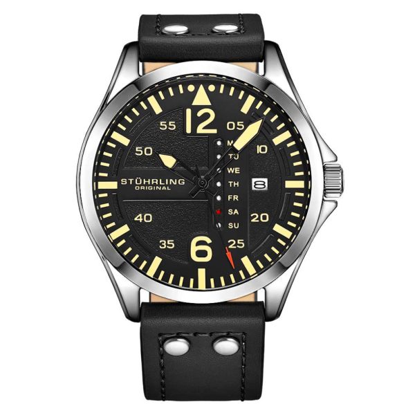 ectq1_6193_0 jpg - Relgio Aeronaut 3916 Aviador 43mm, Mostrador Preto Prata, Pulseira Couro Preto e Fivela Prata, Stuhrling.