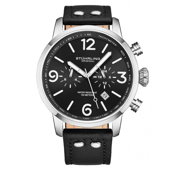 ectq1_6593_0 jpg - Relgio masculino Stuhrling 3956 com caixa de 45mm, mostrador preto e pulseira de couro preto.