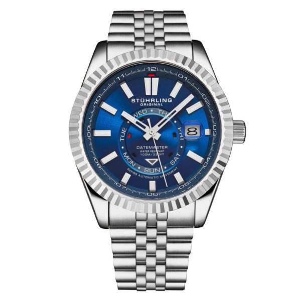 ectq20_0201_0 jpg - Relógio Datemaster Swiss Automático 1020 Mostrador Azul e Pulseira Prateada 42mm Estilo Clássico com Moldura Prateada Stuhrling.