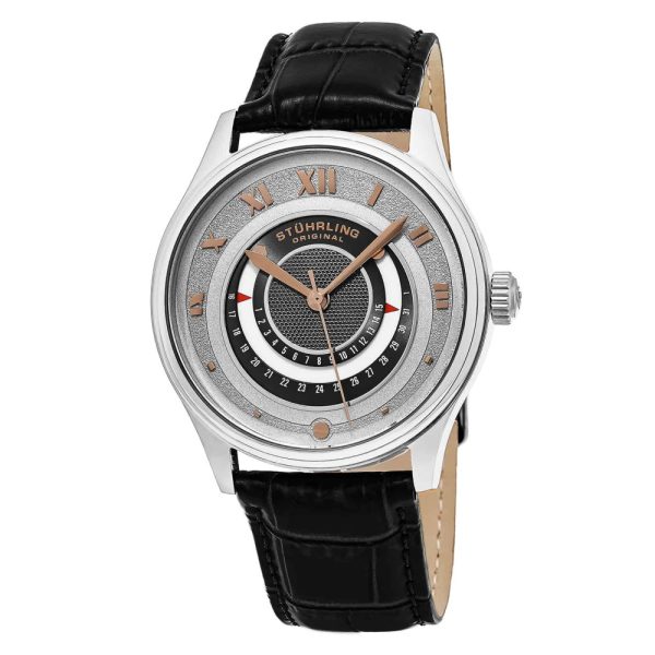 ectq20_444_0 jpg - Relgio de Pulso Masculino Sinfonia 444 42mm Mostrador Prateado em Prata com Pulseira de Couro Preto e Fivela Tang da Stuhrling.