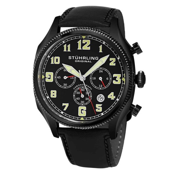 ectq20_485_0 jpg - Relógio Aviador 584 com pulseira de couro preta e mostrador preto de 43mm, da marca Stuhrling.