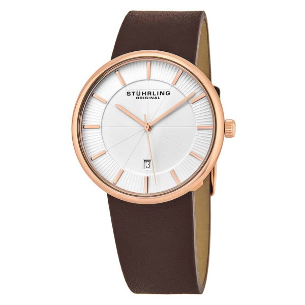 ectq25433_442_0 jpg - Relógio Fairmount 244 Clássico 42mm com Mostrador Branco e Pulseira de Couro Marrom com Fivela em Ouro Rosa, Stuhrling.