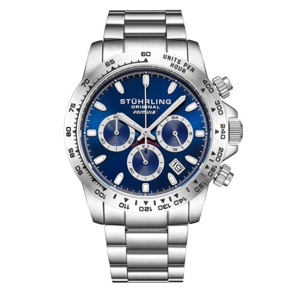 ectq25471m_0 jpg - Relógio Cronógrafo Fórmula 42mm com Mostrador Azul e Pulseira de Aço Inoxidável Prateado da Stuhrling.