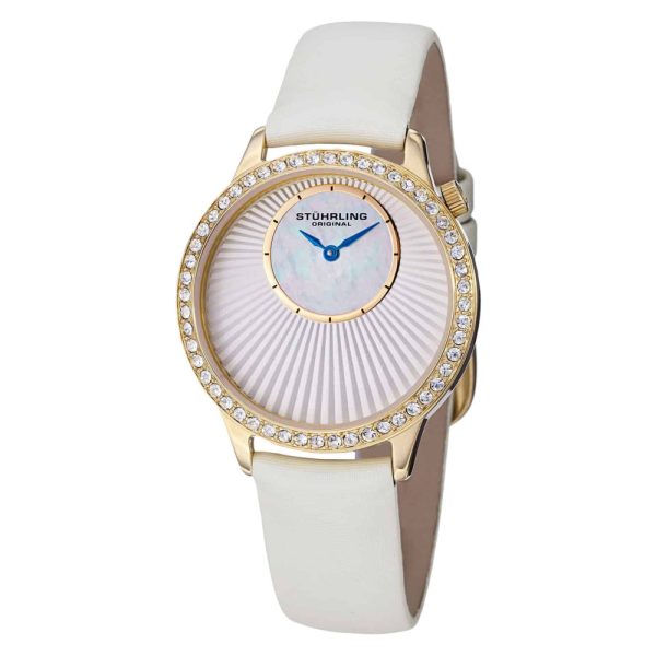 ectq2p321_633_0 jpg - Relógio Stuhrling Moda Radiante 336, 34mm, Mostrador Branco, Ouro, Pulseira de Couro Branco e Fivela Tang.