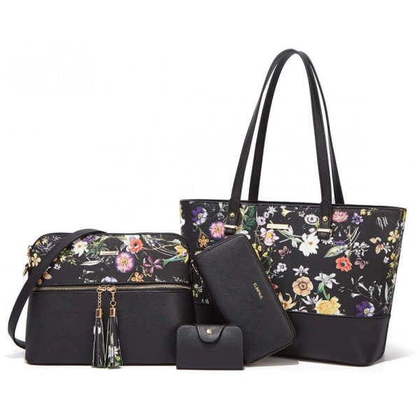 ectq2pwrjlh80b_0 jpg - Conjunto de Bolsas Femininas em Couro Sintético 4 Peças com Carteira, Lovematch, Preto Florido