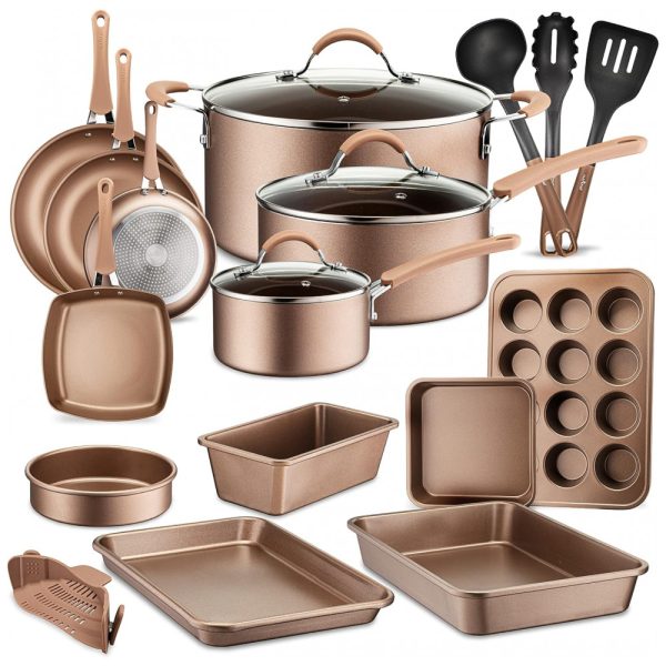 ectq2tyv2r680b_0 jpg - Conjunto de Panelas e Frigideiras Antiaderentes em Alumínio com Utensílios, 20 Peças, NutriChef NCCW20S, Dourado