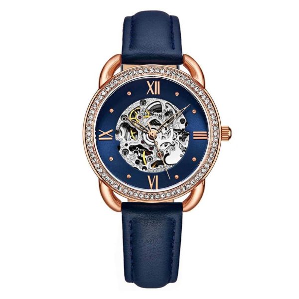 ectq2_1993_0 jpg - Relgio Automtico Stuhrling 3991 de 36mm com mostrador azul, pulseira de couro azul e fivela tang em camadas de ouro rosa.