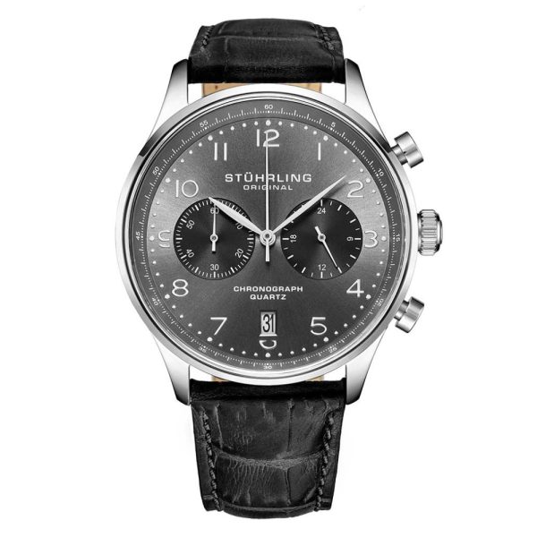 ectq2_2104_0 jpg - Relogio Cronografo Stuhrling GR1 Q 4012 com Mostrador Cinza Metalizado de 42mm e Pulseira de Couro Preta com Fivela Prateada.