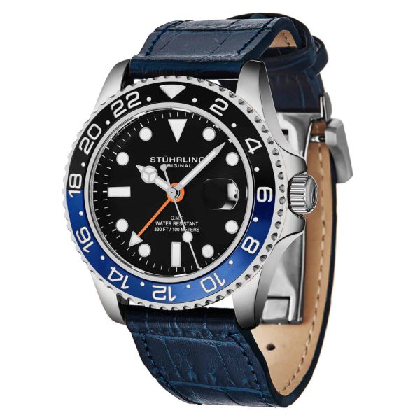 ectq2_rehtael8693_0 jpg - Relogio Meridian 3968L GMT 42mm com mostrador preto, pulseira de couro azul e fivela de implantacao Stuhrling