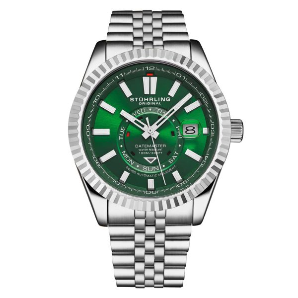 ectq30_0201_0 jpg - Relógio Automático Datemaster Swiss 1020 42mm com Mostrador Verde e Pulseira Prateada Stuhrling.