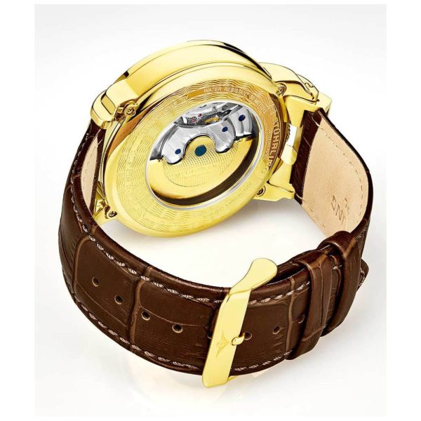 ectq30_609_0 jpg - Relgio Automtico Menai 906, Mostrador Dourado 47mm, Pulseira de Couro Marrom com Fivela em Camadas Douradas Stuhrling.