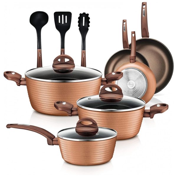 ectq37927gd80b_0 jpg - Conjunto de Panelas e Frigideiras Antiaderentes em Alumínio com Utensílios, 12 Peças, NutriChef NCCW12BRW, Marrom