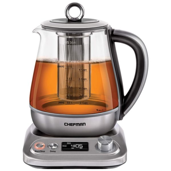 ectq3s2ggyt70b_0 jpg - Chaleira Elétrica, Aço Inoxidável, Vidro, 1,5L, Transparente, 110v, CHEFMAN Programmable Electric Glass Kettle,, Prateado