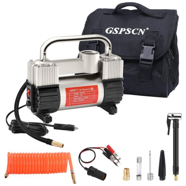 ectq3vxp9n770b_0 jpg - Mini Compressor de Ar Elétrico Automotivo, 12V, 150 PSI, 25 A, 110, adaptadores, 220v, GSPSCN Tire Inflator Heavy Duty Double, Prateado