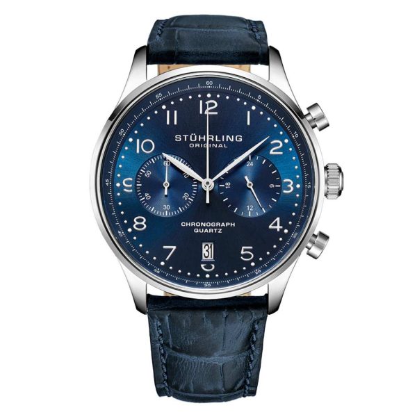 ectq3_2104_0 jpg - Relgio Crongrafo GR1Q 4012 de 42 mm com Mostrador Azul, Pulseira de Couro Azul e Fivela de Prata Tang Stuhrling