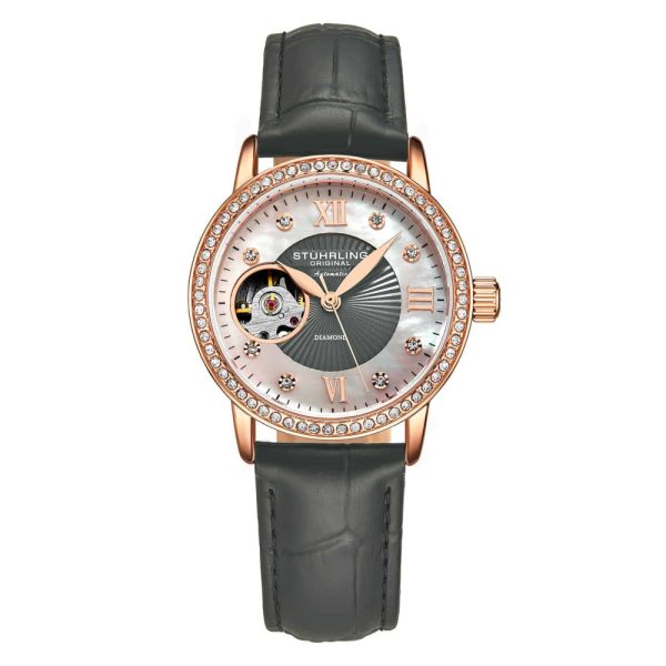 ectq3_2593_0 jpg - Relgio Stuhrling Legacy 3952 Automtico 34mm, Mostrador Prateado com Detalhes em Rosa, Pulseira de Couro Cinza e Fivela Tang em Metal.