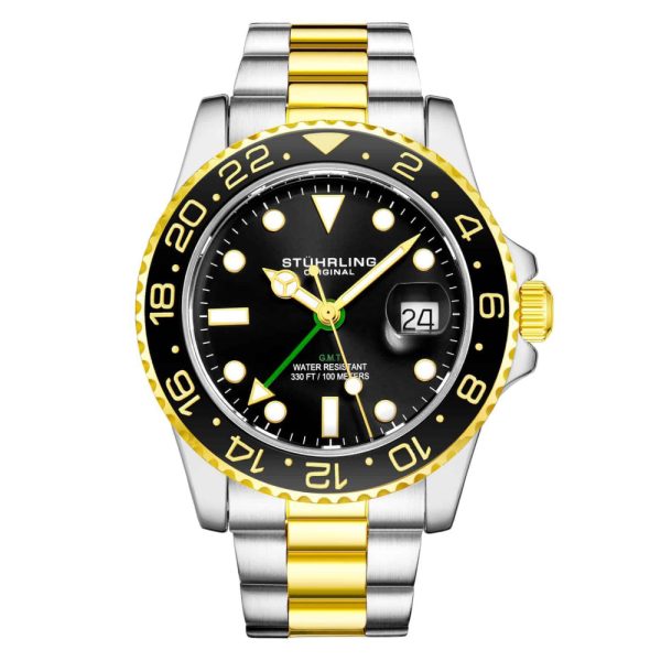 ectq3_5693_0 jpg - Relgio Stuhrling Meridian 3965 de 42 mm com mostrador preto, pulseira em ao inoxidvel dourado e fivela de implantao prateada.