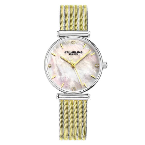 ectq3_7293_0 jpg - Relgio Stuhrling Cambria 3927, 32mm, mostrador prateado, pulseira em ao inox dourado e fivela dobrvel em prata Clssico e elegante.