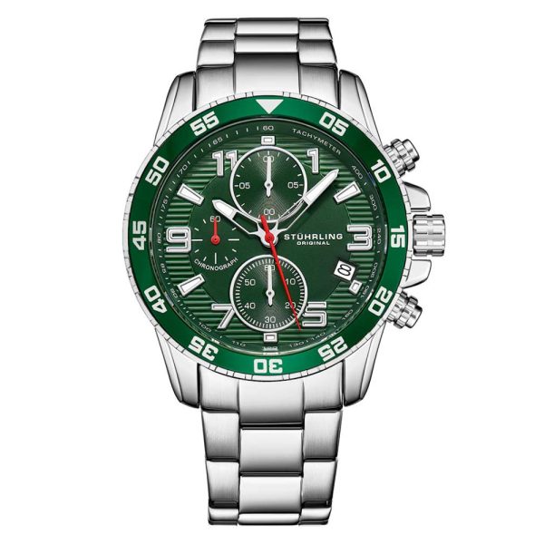 ectq3_7593_0 jpg - Relgio crongrafo Concorso 3957 de 40mm, mostrador verde e pulseira de ao inoxidvel prata Stuhrling