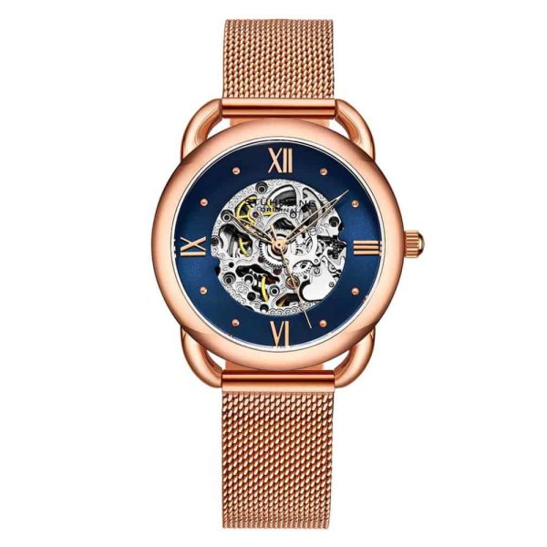 ectq3_m0993_0 jpg - Relgio Stuhrling 3990M Automtico 36mm, mostrador azul, pulseira em ao inox rosa com fivela dobrvel em camadas de ouro rosa.