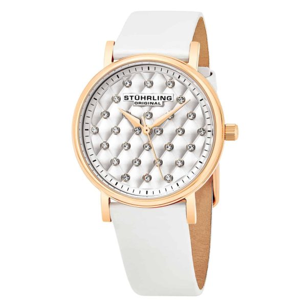 ectq40_997_0 jpg - Relógio feminino Stuhrling Audrey 799, com mostrador prateado, pulseira de couro branco e fivela tang.