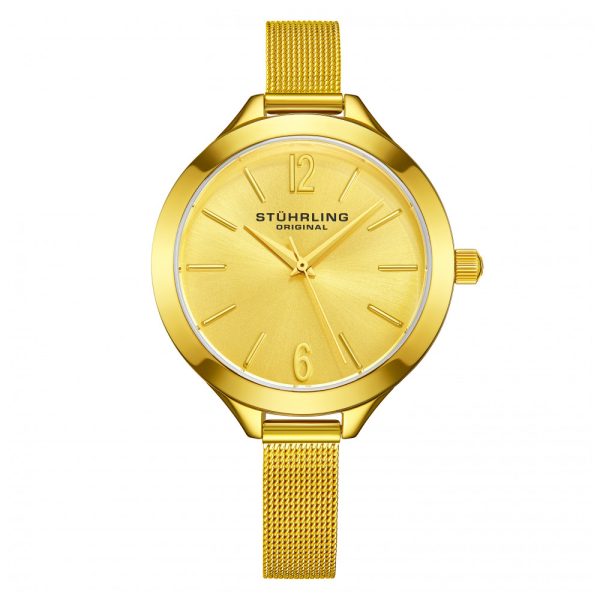 ectq40_m865_0 jpg - Relgio feminino dourado com moldura e mostrador em tom dourado, ponteiros e marcadores em harmonia. Marca Stuhrling.