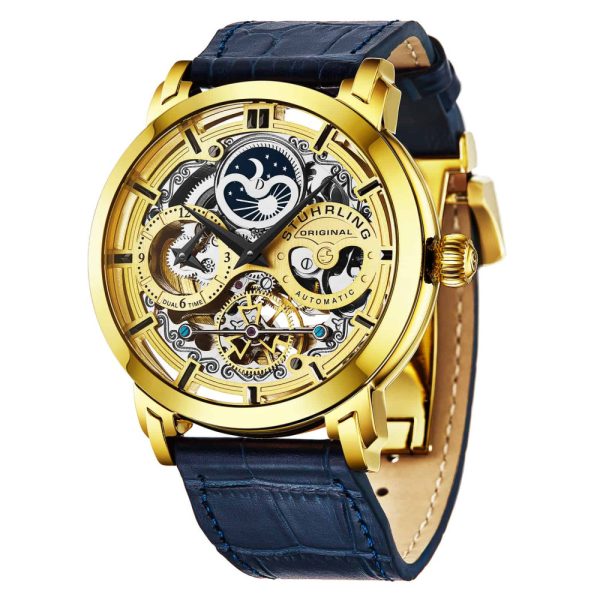 ectq40_rehtael173_0 jpg - Relogio Anatol 371L Automatico 46mm Mostrador Dourado com Pulseira de Couro Azul e Fivela Implantavel em Camadas de Ouro Stuhrling.