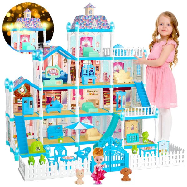 ectq4d56vbbc0b_0 jpg - Casa de Bonecas com 11 Quartos, Figuras de Boneca, Cachorrinhos, Móveis, Acessórios e Luz LED para Crianças de 3 a 10 Anos, OCTERIC, Azul