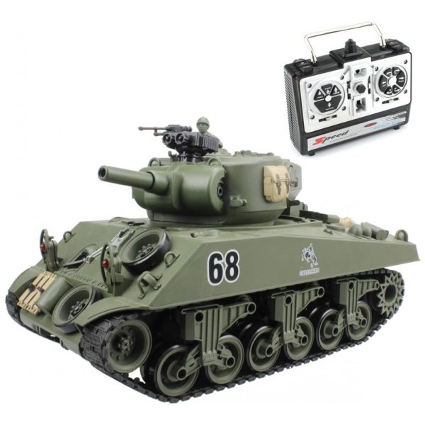 ectq4prfkqm10b_0 jpg - Tanque Sherman M4A3 para Adultos com Controle Remoto 2.4Ghz, 15 Funções e Disparo de Airsoft, Verde