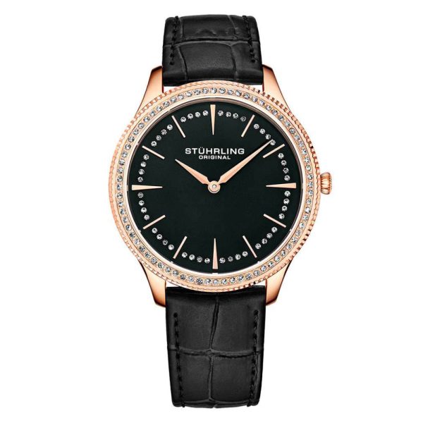 ectq4_5893_0 jpg - Relgio Stuhrling Clssico 3985 com mostrador preto e pulseira de couro preto de 38 mm Fivela em camadas de ouro rosa.