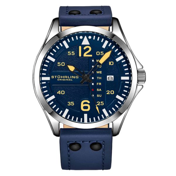 ectq4_6193_0 jpg - Relgio Aeronaut 3916 Aviador de 43 mm, Mostrador Azul com Detalhes Prateados e Pulseira de Couro Azul Stuhrling