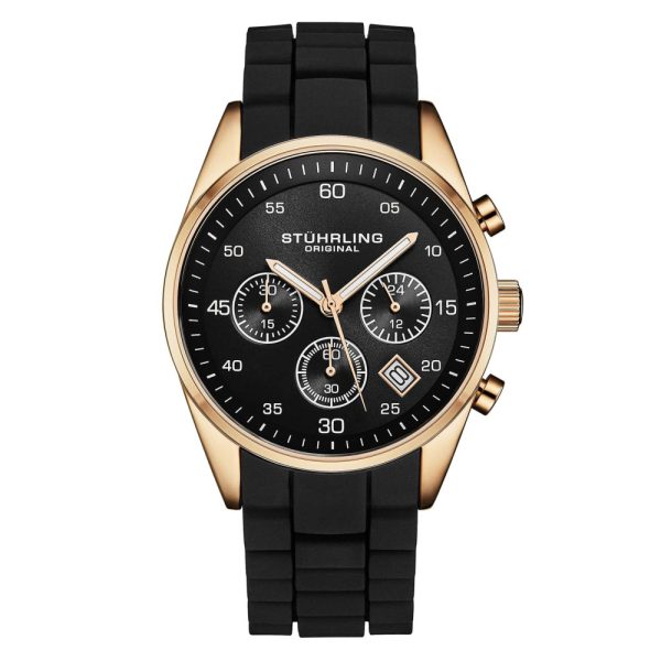 ectq4_7504_0 jpg - Relógio Chronograph 42mm com Mostrador Preto e Caixa em Ouro Rosa, Pulseira de Silicone Preta, Stuhrling.