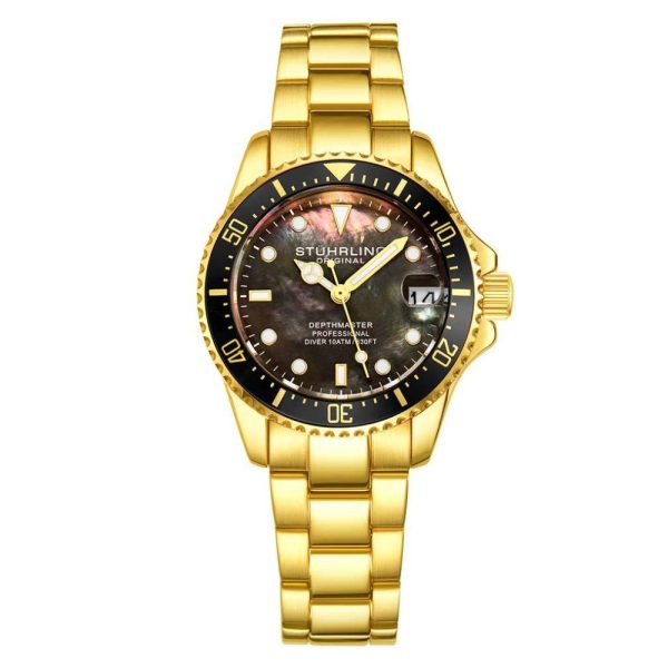 ectq4_l0593_0 jpg - Relgio masculino Depthmaster 3950L de 32 mm com design moderno, mostrador preto e pulseira em ao inoxidvel dourado.