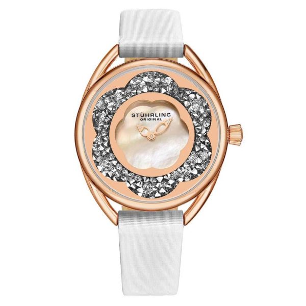 ectq50_599_0 jpg - Relgio feminino Stuhrling Lily 995, 38mm, mostrador prateado, pulseira de couro branco e fivela Tang em camadas de ouro rosa.