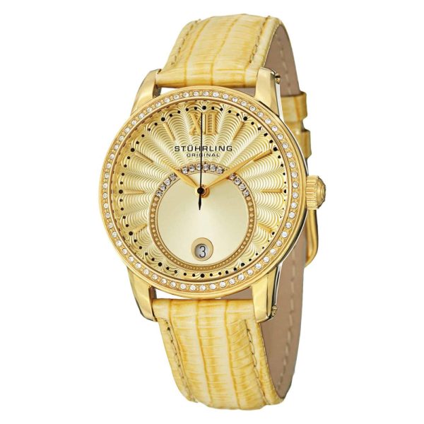 ectq51a5311_445_0 jpg - Relógio de pulso Amanhecer 544 com mostrador dourado e pulseira de couro amarelo Stuhrling.