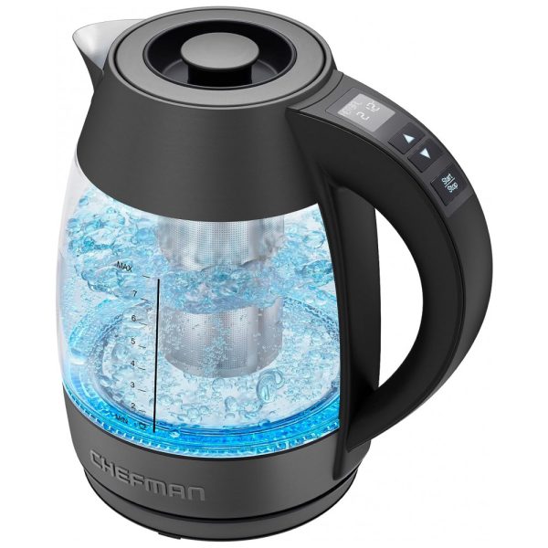 ectq5xgvmc790b_0 jpg - Chaleira Elétrica 1., com Controle de Temperatura e Aço Inoxidável, 1500W, 110v, CHEFMAN 1.8L Digital Electric Glass Kettle,, Preto