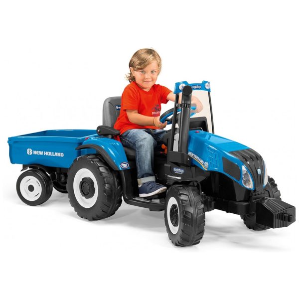 ectq5ynuscm10b_0 jpg - Trator com Reboque Elétrico Infantil Peg Perego New Holland T8 12 Volts, Azul