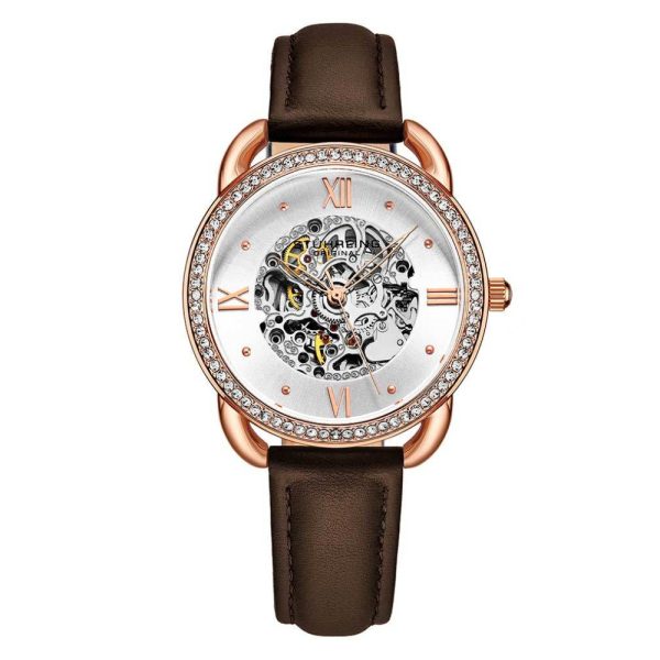 ectq5_1993_0 jpg - Relgio Stuhrling Automtico 3991 Mostrador Prateado e Rosa, Pulseira de Couro Marrom Escuro e Fivela em Ouro Rosa