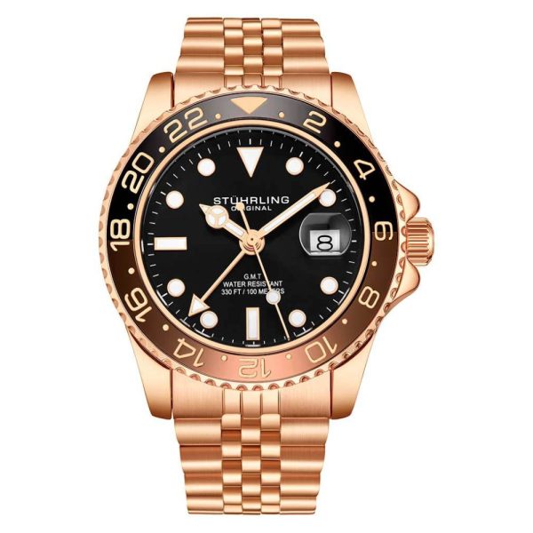 ectq5_8693_0 jpg - Relgio Meridian 3968 GMT 42mm com mostrador preto, pulseira de ao inoxidvel rosa e fivela de implantao Stuhrling.