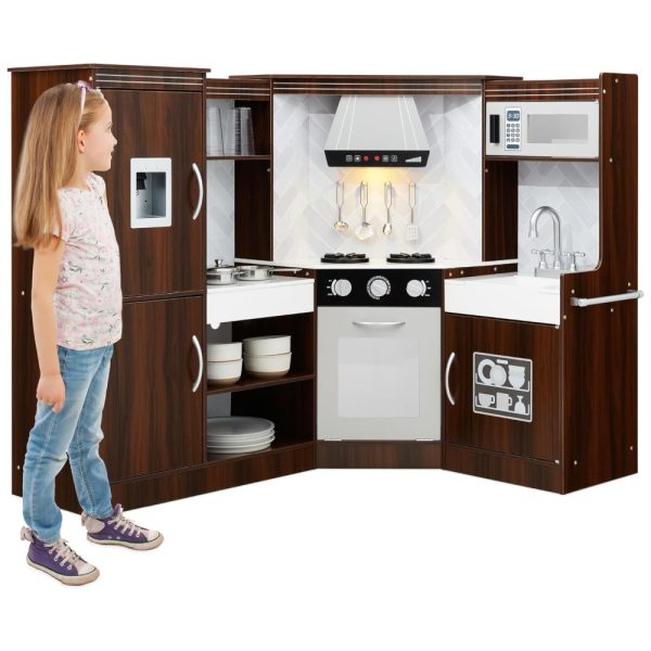 ectq657dlmrc0b_0 jpg - Cozinha Infantil em Madeira interativa com Luzes, Sons, Máquina de Fazer Gelo, Exaustor, Forno e Micro ondas, Best Choice Products, Marrom