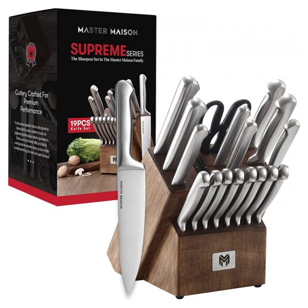 ectq661r5my80b_0 jpg - Conjunto de Facas em Aço Inoxidável com Afiador Embutido e Bloco de Bancada Peças, MASTER MAISON 19 Piece Premium Knife Set w, Block, Prateado