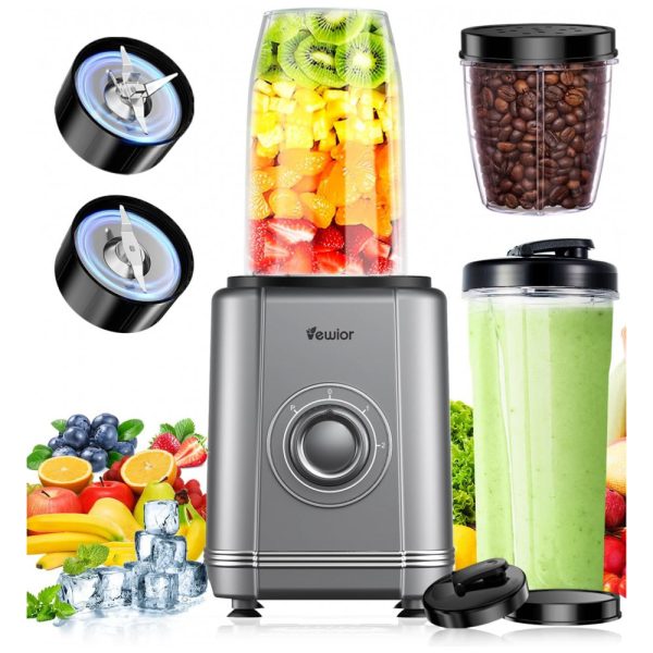 ectq68mcvqlc0b_0 jpg - Liquidificador para Shakes e Smoothies 500mL com Acessórios, 6 Lâminas e 3 Velocidades, 1200W, VEWIOR, Cinza