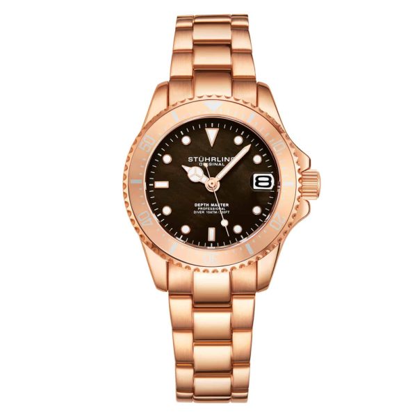 ectq6_l0593_0 jpg - Relgio masculino Depthmaster 3950L 32mm com mostrador marrom e pulseira de ao inoxidvel rosa com fivela de implantao, da marca Stuhrling.