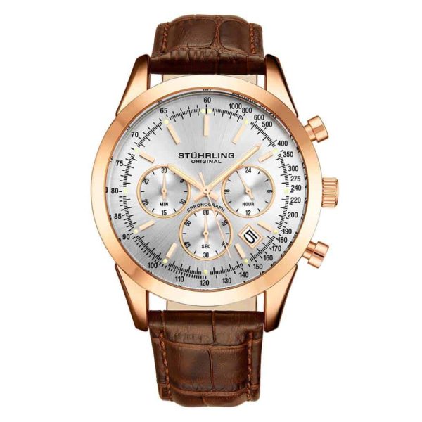 ectq6_l5793_0 jpg - Relgio Stuhrling Rialto 3975L 44mm Crongrafo Prateado com Pulseira de Couro Marrom e Fivela Tang Rosa