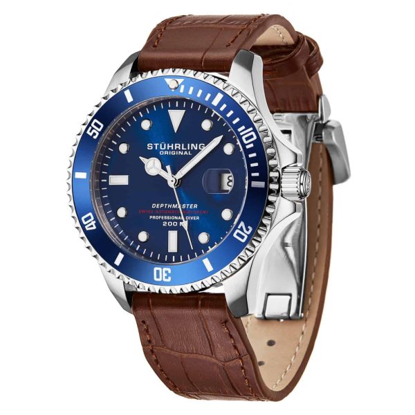 ectq70_rehtael388_0 jpg - Relogio suico automatico Depthmaster 883L de 42mm, mostrador azul e pulseira de couro marrom com fivela de implantacao Stuhrling.