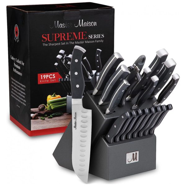 ectq799gpv280b_0 jpg - Conjunto de Facas em Aço Inoxidável com Bloco de Bancada, Peças, MASTER MAISON 19 Piece Premium Knife Set w, Block, Preto